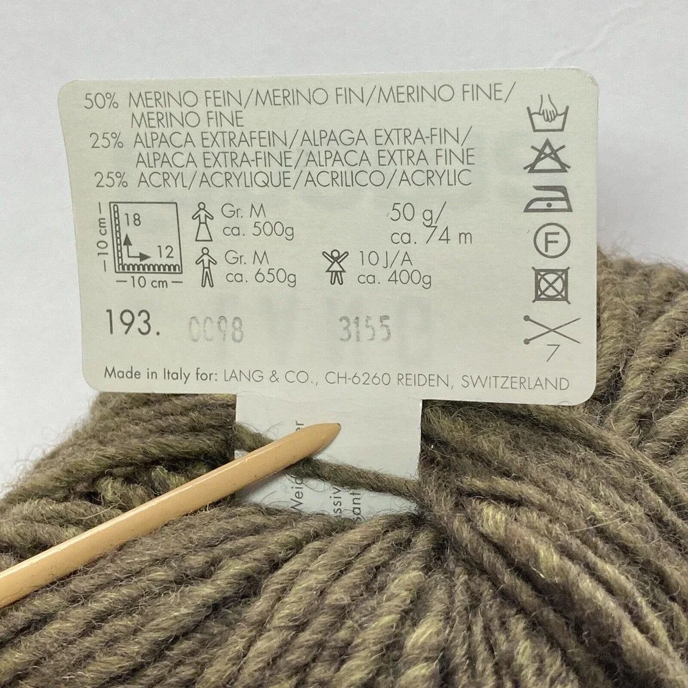 Lang Yarns Tahona 50% Merino 25% Alpaca 25% Acrylic‎ Yarn Ball #98 green 50g 74m